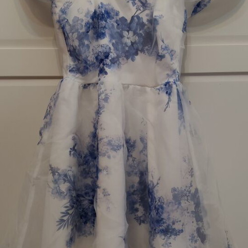 Romantic cocktail mini dress used, white and blue, size XS