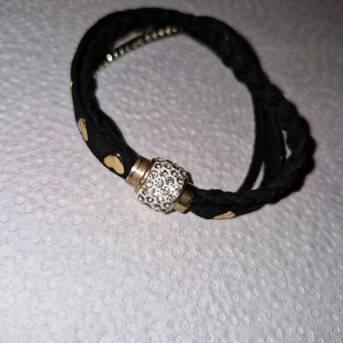 Black triple cord bracelet with magnetic clasp and rhinestones like new