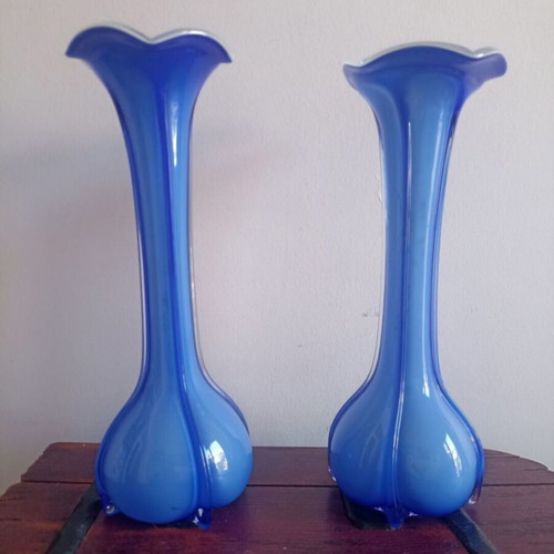 Vintage opaline vases used, set of 2, 29 cm height