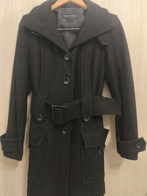 Zara black trench coat with belt and straight button layout