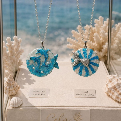 Handmade Two-Sided Necklace "Dolphins-Mermaid Tail" with Polymer Clay and Glass