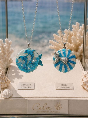 Handmade Two-Sided Necklace "Dolphins-Mermaid Tail" with Polymer Clay and Glass