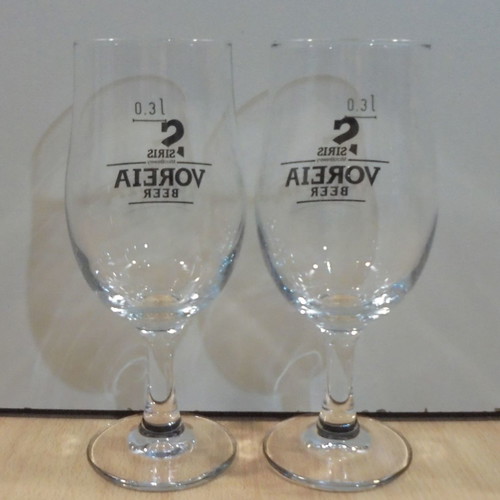 Siris Voreia beer set of two used promotional stemmed glasses 0.3lt