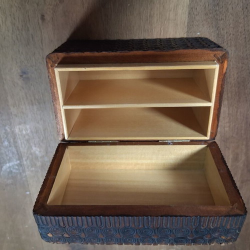 Wooden carved box for playing cards used, old beautiful