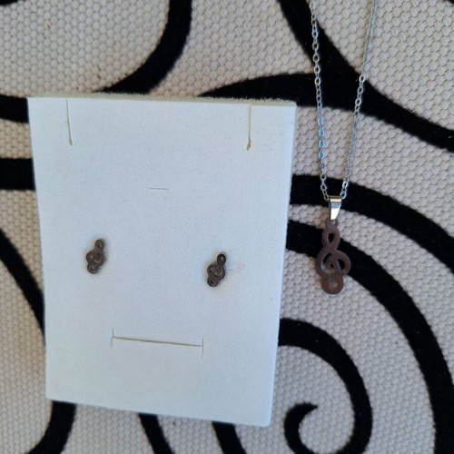Steel necklace and earrings set treble clef new, silver
