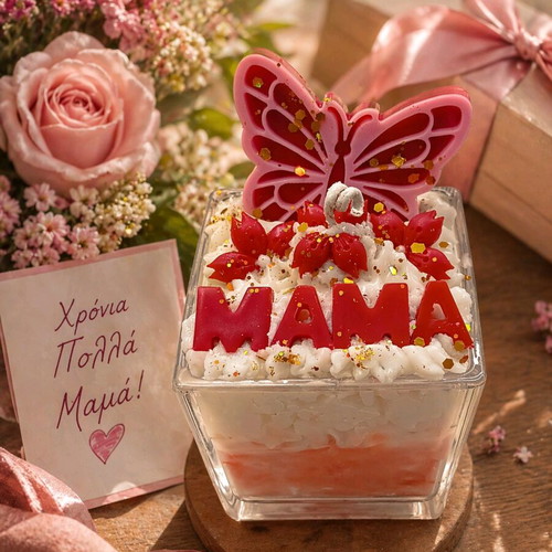 Plant-based scented candle in glass with Mama lettering and handmade decoration