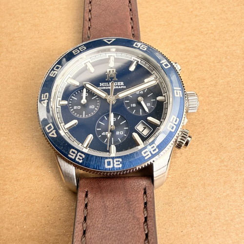 Tommy Hilfiger TH85 Chronograph Watch New, Blue Dial Brown Leather