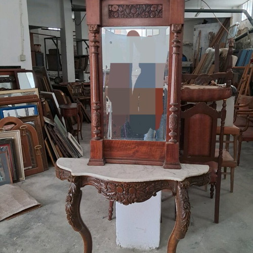 Wooden console with marble and mirror like new