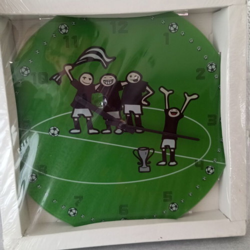Wall clock with football theme, quartz mechanism, glass/plastic surface