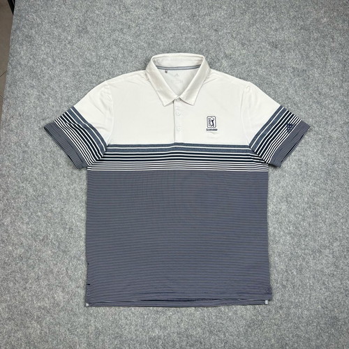 Adidas TPC Scottsdale Men's Golf Polo Shirt Large White Blue Striped Short Sleeve with Collar