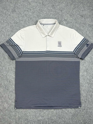 Adidas TPC Scottsdale Men's Golf Polo Shirt Large White Blue Striped Short Sleeve with Collar