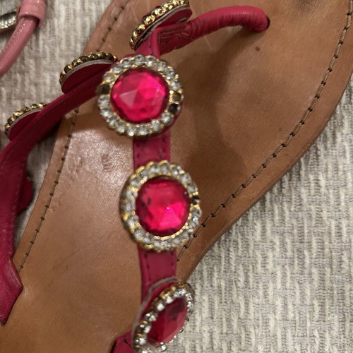 Maxime leather sandals with large fuchsia stones and crystals, like new