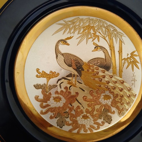 Japanese chokin plate used, peacocks, 26 cm diameter