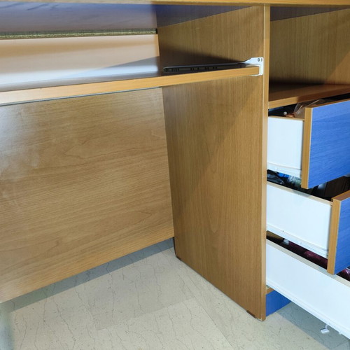 Computer desk with drawers used, natural wood and blue