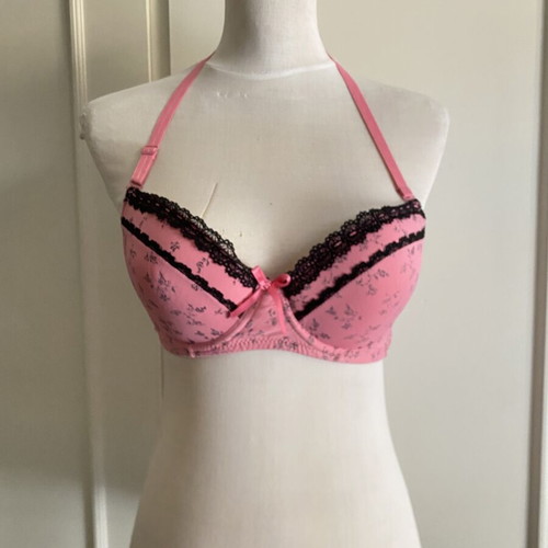 Pink Bra with Black Lace like new, balconette push-up style