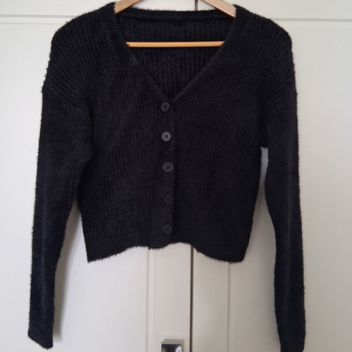 Viscose cardigan like new, black, rib knit, soft and warm