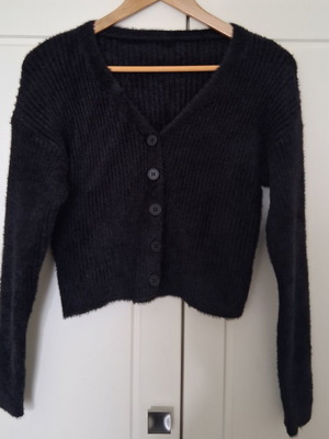 Viscose cardigan like new, black, rib knit, soft and warm