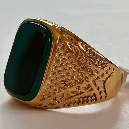 Gold Signet Ring with Green Onyx Style Stone new, 316L Stainless Steel, US 12