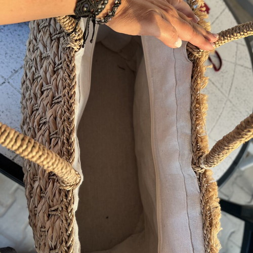 Alex Max boho summer straw bag with lace and pearl details used