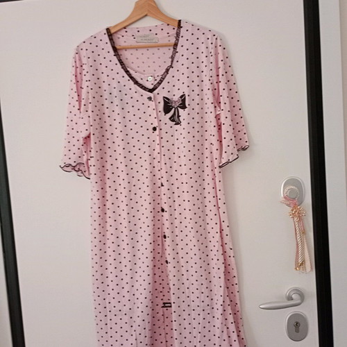 Scherzo polka dot summer cotton robe and nightgown set pink black like new