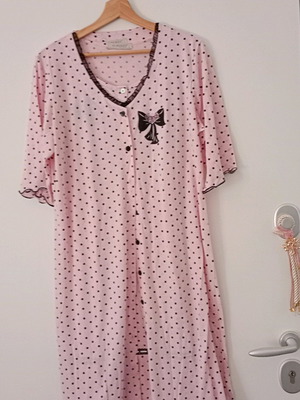 Scherzo polka dot summer cotton robe and nightgown set pink black like new