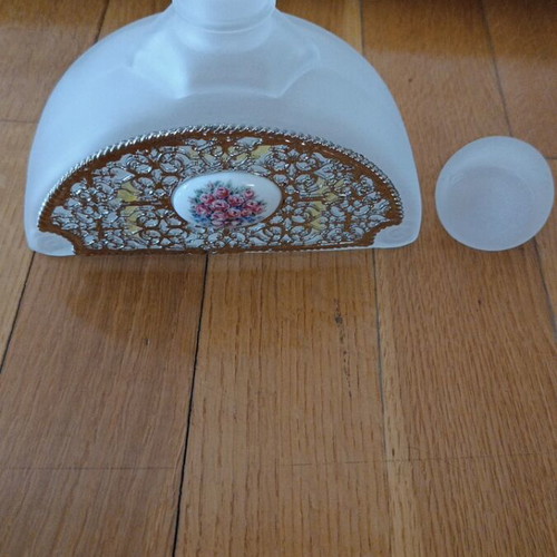 Annabella vintage frosted glass perfume bottle with filigree and porcelain medallion