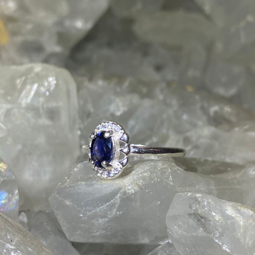 Handmade silver ring with natural blue sapphire and moissanites size 5