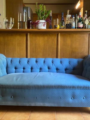 Living room set with 2 armchairs and 2-seater sofa, blue fabric