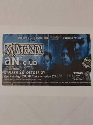 Katatonia Ticket Like New 26/10/2003 An Club Athens