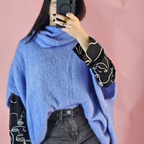 Mohair pullover new, blue, one size with turtleneck collar