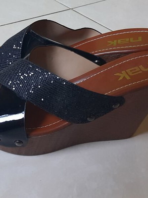 Nak platform sandals like new, black with decorative straps and rhinestones