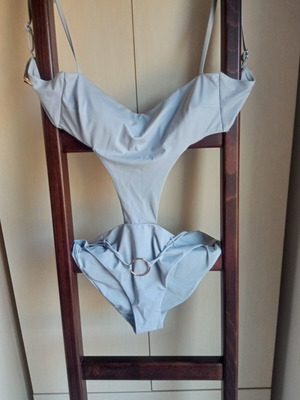 SugarFree Monokini swimsuit used, light grey with ring detail, size L