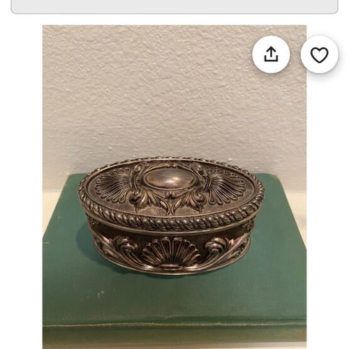 Vintage silver-plated jewelry box new with embossed designs and blue velvet