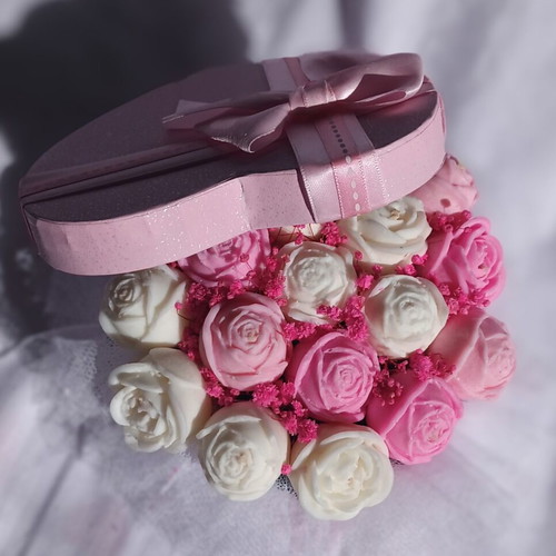 Wax bouquet of roses new, pink and white in elegant box