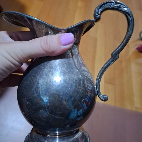 Vintage Lambros Metal Pitcher with Embossed Handle and Classic Curve