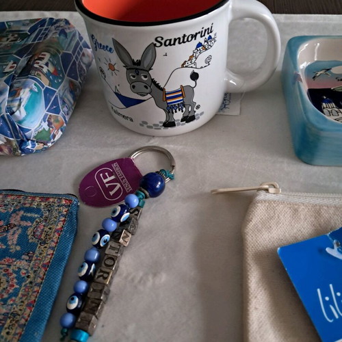 Santorini souvenir set new with cups wallets ashtrays magnets and rug