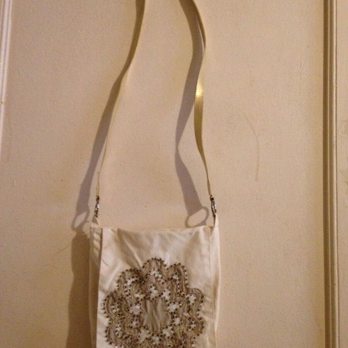 Fabric crossbody bag vintage used with embroidery white and beige