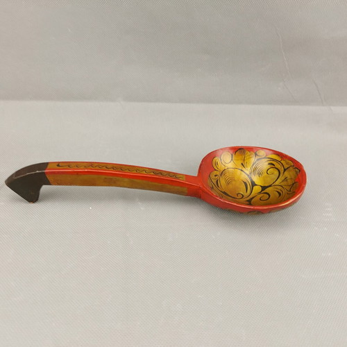 Old Hand-Painted Russian Wooden Serving Spoon Used with Khokhloma