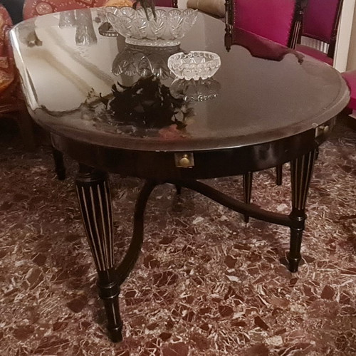 Antique dining set black lacquer like new with 6 leather chairs and sideboard