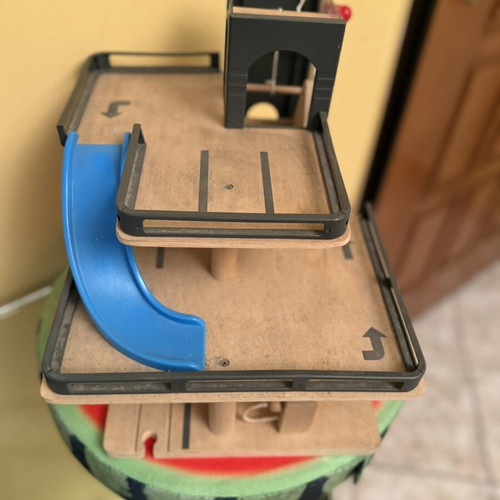 Wooden toy garage with ramp used, two levels