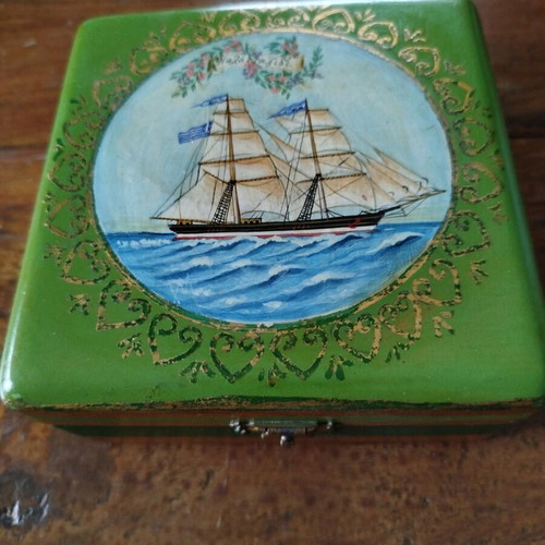 Wooden box with hand-painted Greek sailboat, like new