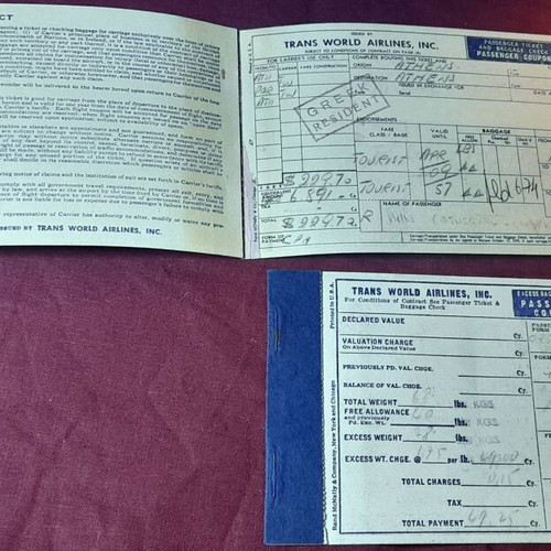 Σετ αεροπορικών εισιτηρίων TWA 1956 σαν καινούργιο με δήλωση εθνικού νομίσματος