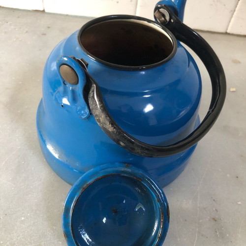 Enamel cookware set used, teapot and pot