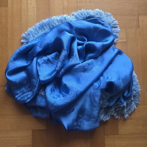 Vintage blue satin bedspread with fringes, used