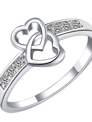 Ring Two Hearts with Zircon, New, Silver Plated Metal