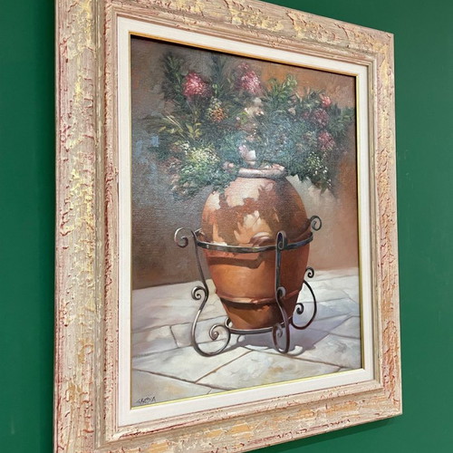 Grassia oil painting used, vase with flowers in handmade carved frame