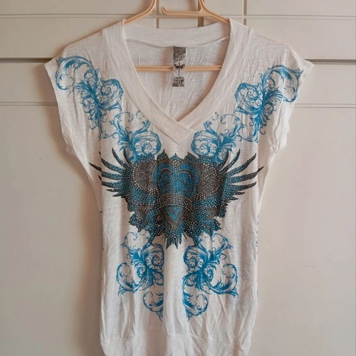 White top with blue and transparent rhinestone print, like new, size M
