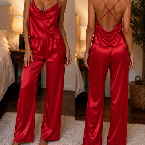 Shein red satin pajamas like new, size large with elastic fit