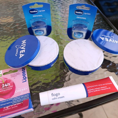 Nivea cream 2 Vaseline Original lip balms 2 Liposan Cherry Shine 1 Flogo cream for burns