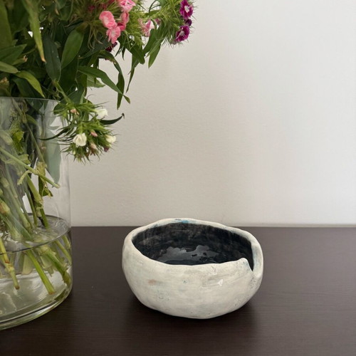 Handmade ceramic noodle bowl in dark blue and cream, new